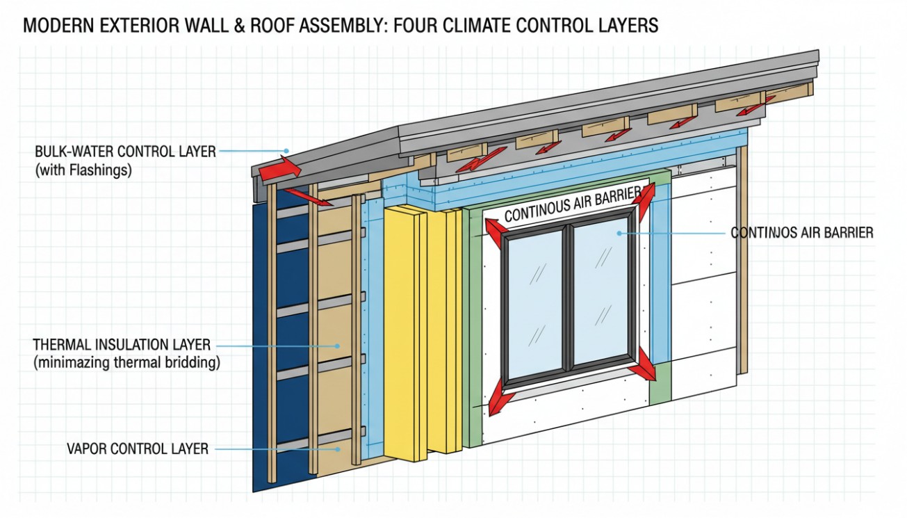 Exterior wall and roof diagram showing bulk-water, air, thermal and vapor control layers